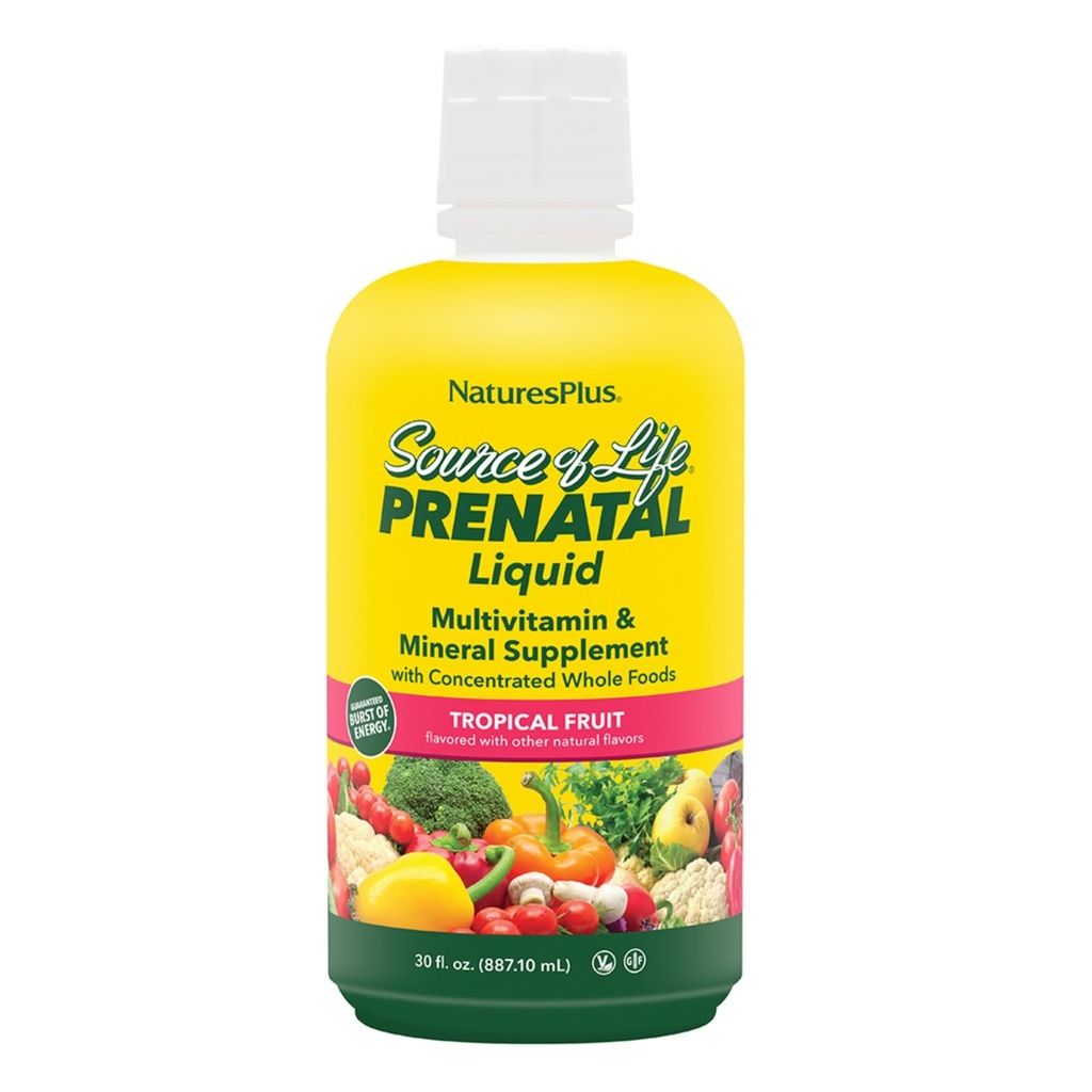 Natures Plus Source of Life Prenatal נוזל, פירות טרופיים - 30 fl oz - Multivitamin & מינרלים תוספת - תמיכה תזונתית במהלך ההריון - Gluten Free, Vegetarian - 30 משרתים