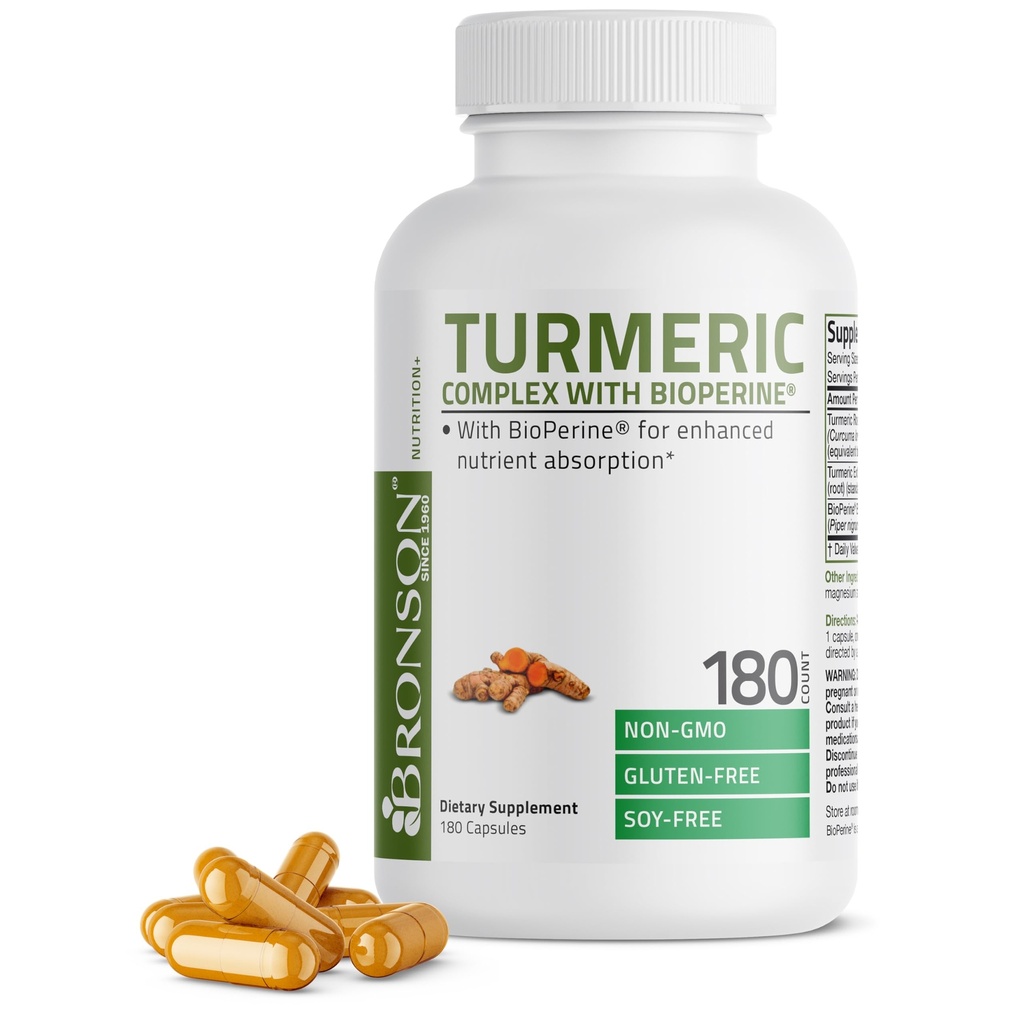 Bronson Turmeric Curcumin עם BioPerine - תמיכה משותפת בבטיחות גבוהה Premium עם 95% סטנדרטיים Curcuminoids - non-GMO כמוסות עם Black Pepper - Count 180