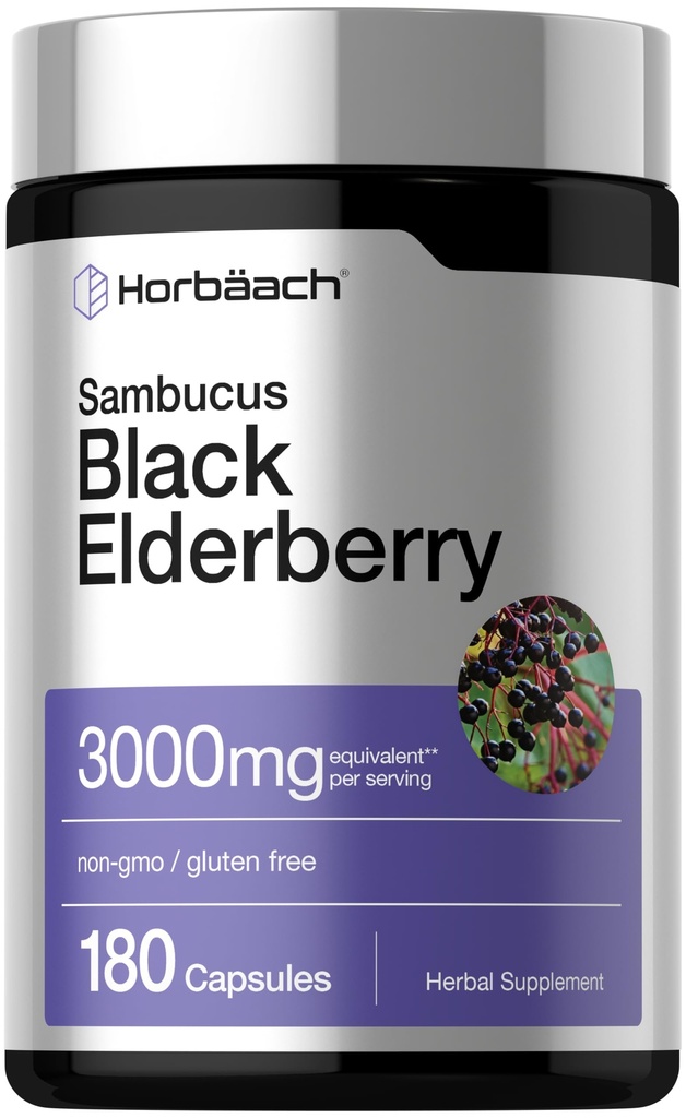 Horbäach Black Elderberry | 3000 מ"ג קפסולות | 180 Count | Non-GMO, Gluten Free | Sambucus Extractable
