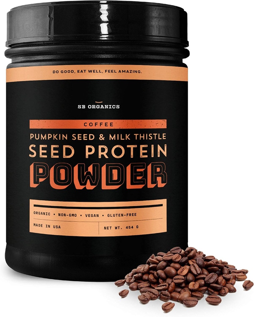 Sun Bay Organics Pumpkin and Milk Thistle Seed Vegan אבקת חלבון - 1lb Canister - אבקת חלבון מבוססת צמחי קפה שקד - 13g חלבון תערובת - סויה, חלב, סוכר, וגלוטן חינם