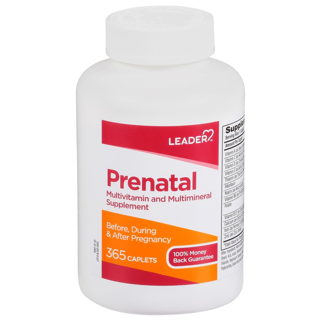 LEADER Prenatal Multivitamin עם 800mcg Folic Acid & Essential חומרים מזינים עבור הריון בריא ופיתוח עוברי, DHA, ויטמין עתיר גבוה עבור מצפה אמהות, תמיכה יומית, 365 Caplets