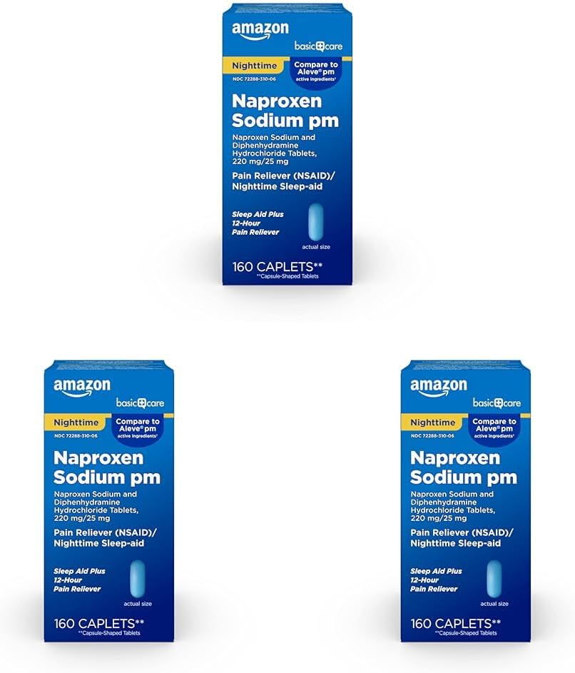 טיפול בסיסי כל הלילה כאב ראש, Naproxen Sodium, 220 מ"ג / דיפנולאמין hydrochloride, 25 מ"ג טבליות, כאב Reliever / Nighttime Sleep-Aid, 160 Count (Pack of 3)