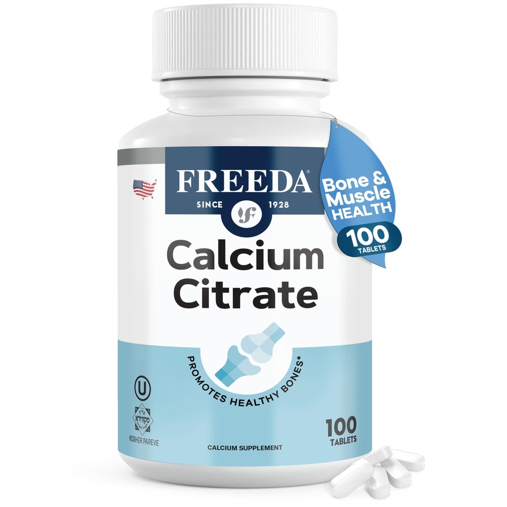 Freeda Calcium Citrate - תוסף כוח העצם טבעוני כשר - תומך בעצמות העצם ותפקוד השרירים - Calcium 1000 מ"ג לשרת - לא תוספת ויטמין D - (100 טבליות)