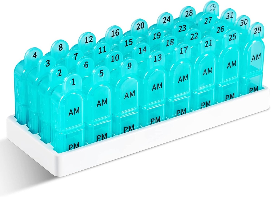 Daviky Monthly Pill מארגנת 2 פעמים ביום, 30 יום Pill Box AM PM עם Container נפרד, 1 חודש תרופה מקרה פעמיים ביום כדי להחזיק ויטמינים, תוספים ותרופות (Cyan)