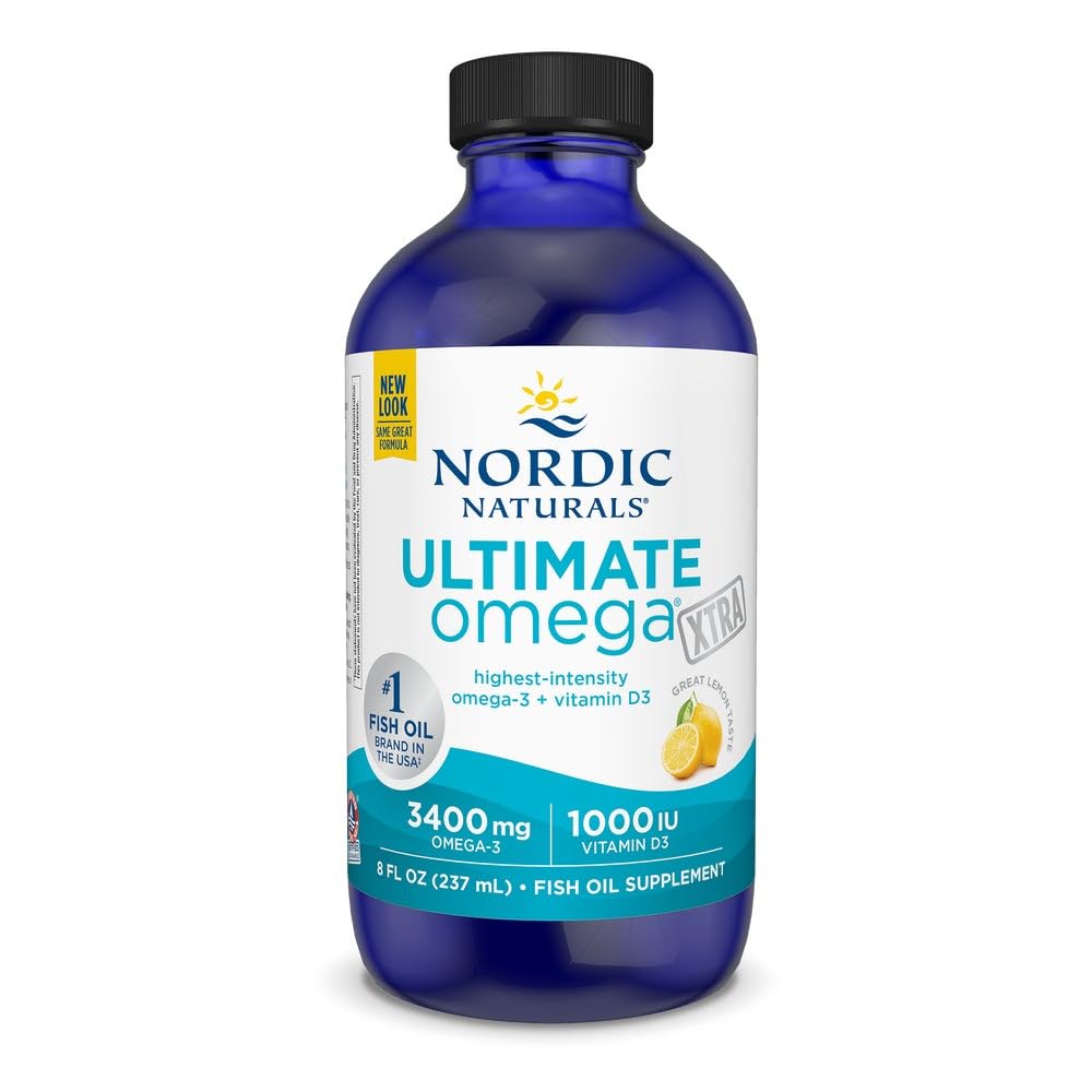 Nordic Naturals Ultimate אומגה Xtra נוזל, Lemon Flavor - 8 oz - 3400 מ"ג אומגה 3 + 1000 IU ויטמין D3 - EPA & DHA - Brain, Heart, Joint, & Imm Health - Non-GMO - 48 משרתים