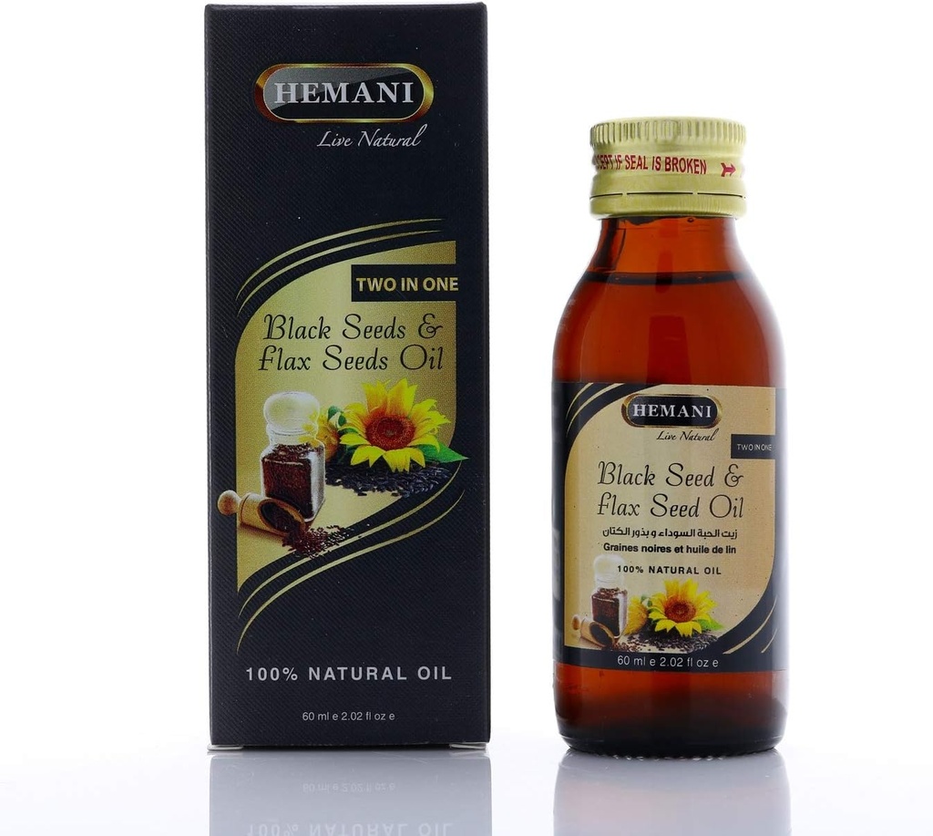 Hemani Cold-Pressed Black Seed ו- Flax Seed Oil Band 60 מ"ל ללא גלוטן, non-GMO, גבוה באומגה 3, 6, & 9, תומך משותף, מוח ותפקוד הלב