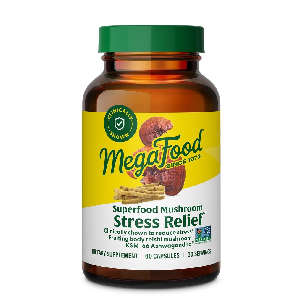 Megafood Superfood Mushroom הקלה - Reishi Mushroom תוספת קלינית למד להפחית מתח - דוקטור פורמולה עם Ashwagandha KSM 66 - טבעוני, Gluten-Free - 60 קפסולות, 30 משרתים