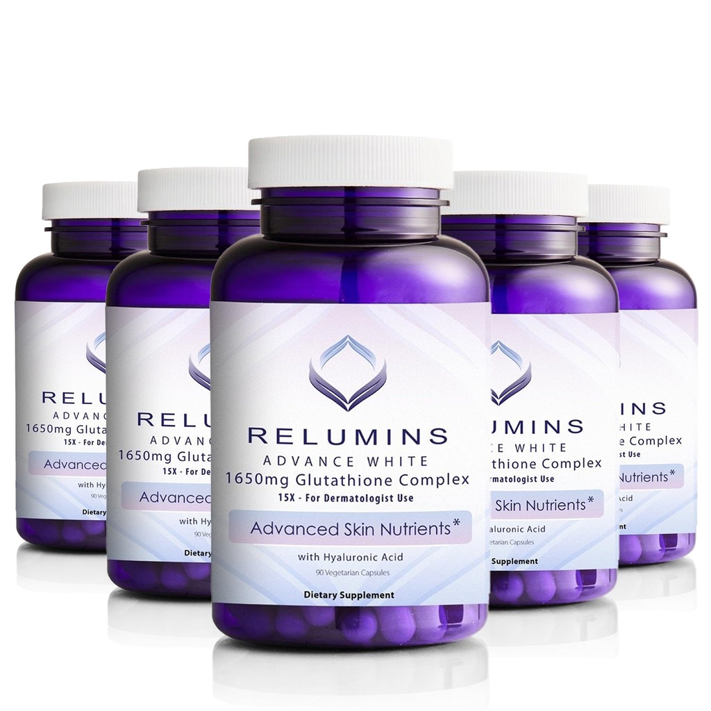 Relumins L-Glutathione Complex 1650 מ"ג - תמיכה אנטי-חמצן עם Alpha Lipoic Acid, NAC, L-Methionine, ויטמין E, Skin Health, המיוצר בארה"ב - 90 קפסולות צמחוניות x 5 בקבוקים