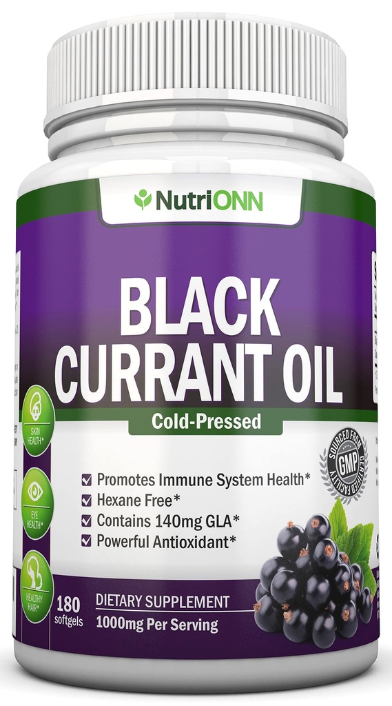 שמן קרנט שחור - 1000 Mg - 180 Softgels - Cold-Pressed Pure Black Currant Seed שמן - Hexane חינם - 140 מ"ג GLA Per משרת - Regulates Hormonal Balance - Great For Immune System, Hair and Skin