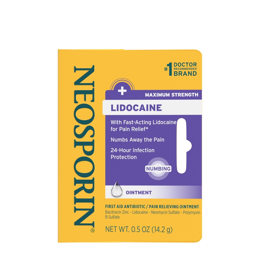 Neosporin + Lidocaine עזרה ראשונה Antibiotic Ointment, כוח מקסימלי ומהירות-Acting כאב מתמשך Reliever, 24Hour זיהום הגנה כי נושר את הכאב, Bacitracin Zinc, 0.5 oz oz