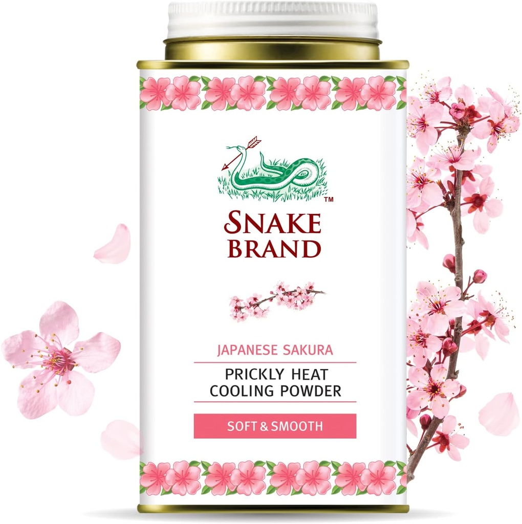 Snake Brand Prickly Heat Cooling אבקה לשימוש יומיומי - Anti-Chafing, Heat Rash Relief, Soft Sakura Scent (4.9 Oz / 140g)