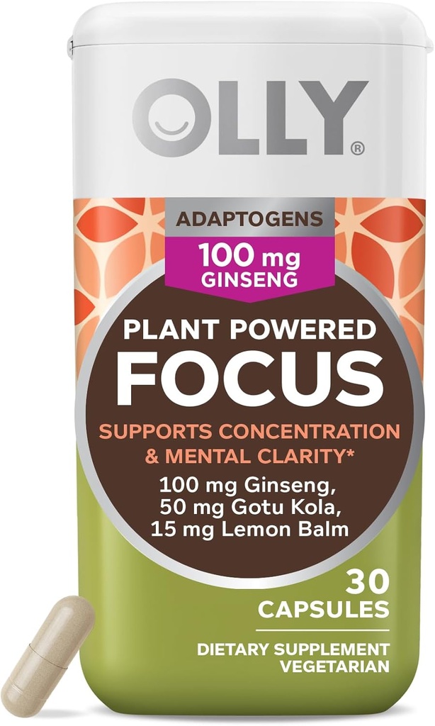 OLLY Focus Fitogen, גינזנג, Gotu Kola, Mood תומך תוסף, קפסולות צמחוניות - 30ct