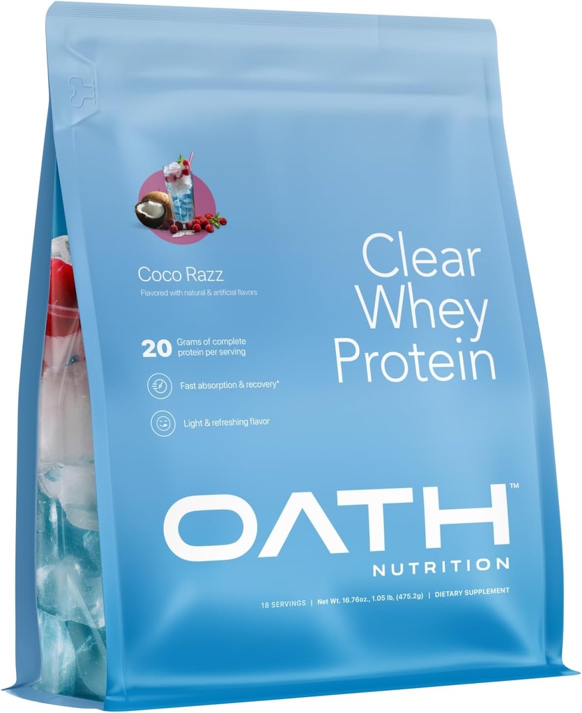 Oath Nutrition Clear Whey Isolate אבקת חלבון, Coco Razz, 20 גרם חלבון מלא לשרת, לא תוספת סוכר, Grass-Fed, 18 משרתים