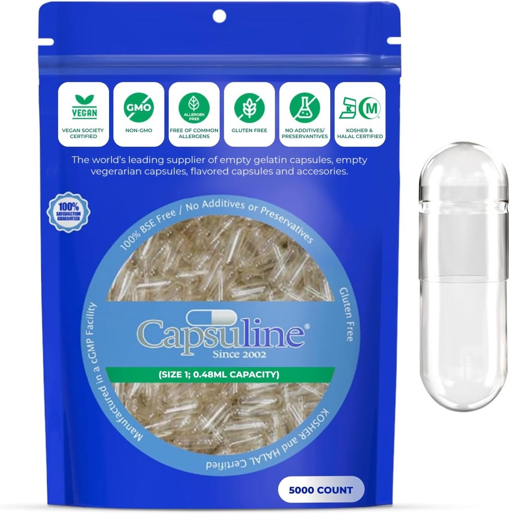 Capsuline Size 1 - Clear Vegan קפסולות - 5000 הרוזן - קפסולות גלולות ריקות Veggie - קפסולת ירקות DIY מילוי - Caps ריקה - כשר וההליל מוסמך - Non-GMO Certified