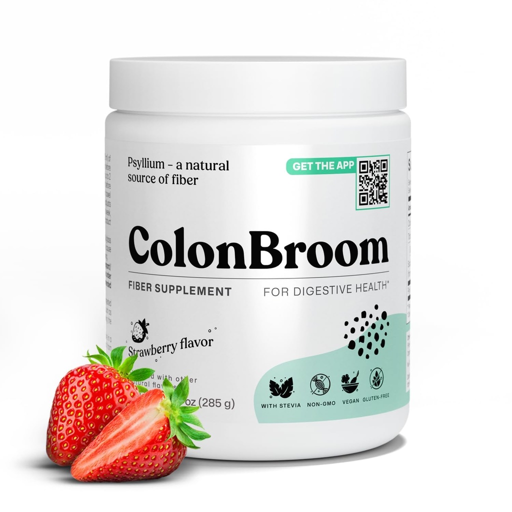 ColonBroom Psyllium Husk Powder (Strawberry) - Colon Cleanse for Bloating Relief & Gut Health - Colon Broom Fiber Powder Drink - Vegan, Gluten Free, Non-GMO Fiber Powder Supplement, 50 Servings