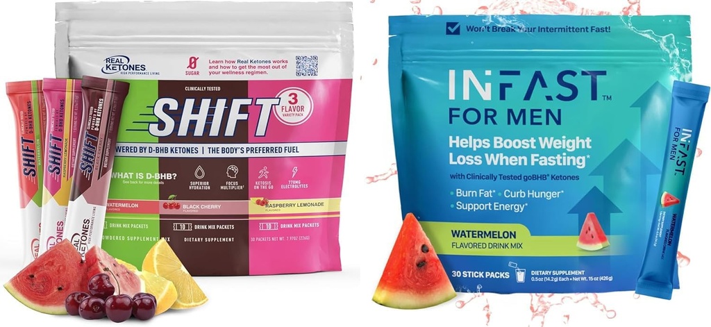 Real Ketones Intermittent Fasting Drink Mix Bundle for Weight Loss Support Shift Electrolytes Variety Pack & Intermittent Fasting Electrolytes for Men with BHB Exogenous Ketones (30 Count Each)