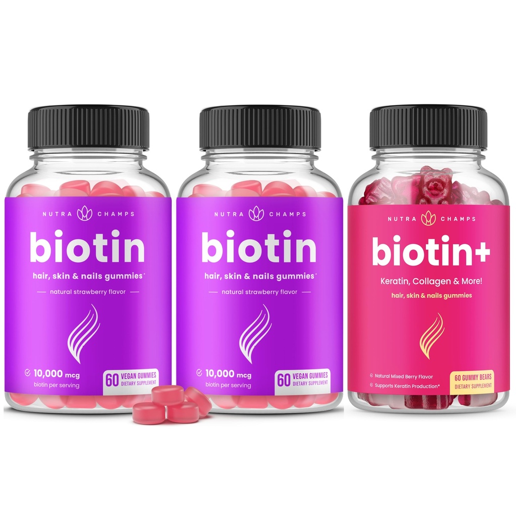 NutraChamps Complete Biotin Bundle לשיער, Skin & Nails. 2 Pack Biotin & Biotin+