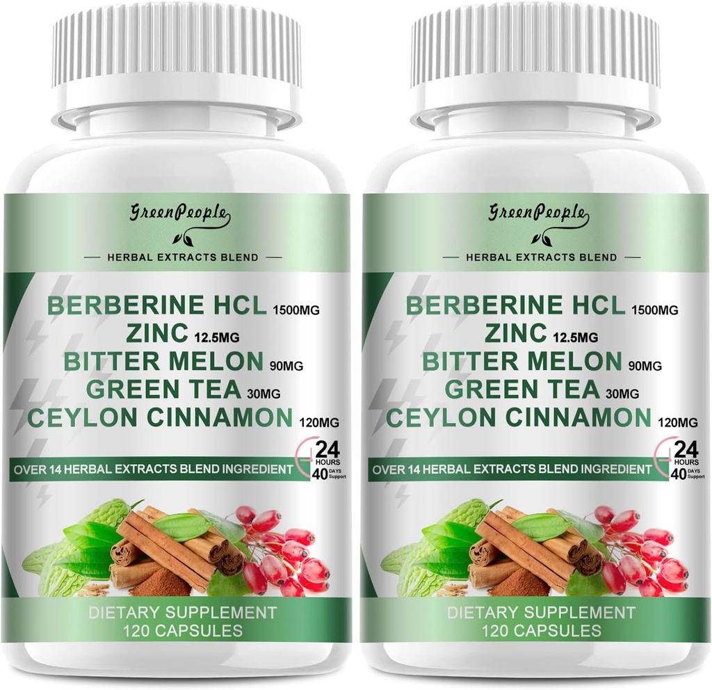 GREENPEOPLE Berberine תוספת עם Ceylon Cinnamon - 120 הרוזן ברברין 1500 מ"ג ברברין HCL כמוסות עם bitter Melon / Artichoke Extracts & Natural Herbs עבור Immune תמיכה 2 Pack