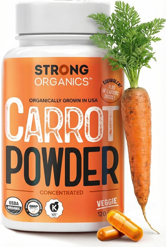 USDA אורגני carrot אבקת קפסולות (120), גדל בארה"ב, תמיכה בעין, Beta Carotene, ויטמין A, Carotenoids, Antioxidants,106 °F מקס, טבעוני, כשר 2 חודשים אספקה