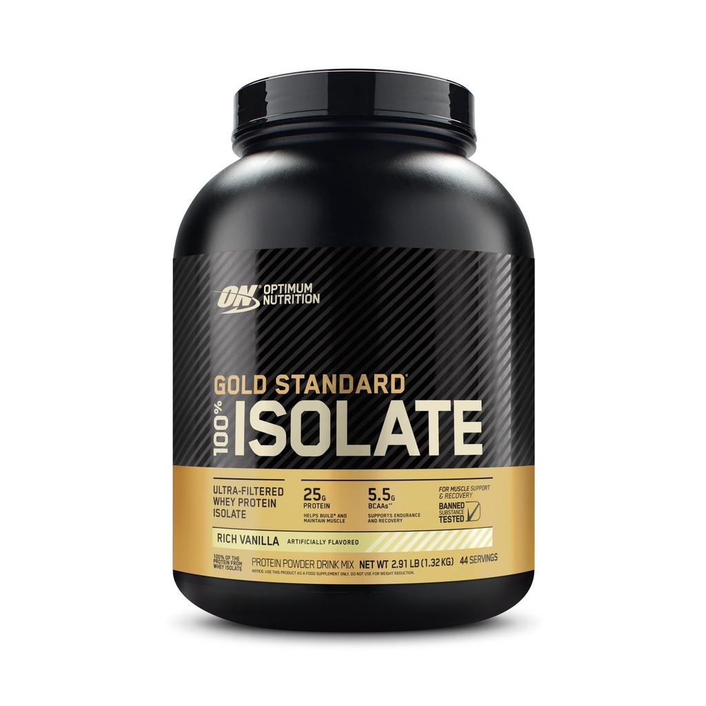 Optimum Nutrition Gold Standard 100% Isolate, אבקת חלבון, Rich Vanilla, 2.91 פאונד, 44 משרתים. חלבון כבד (Packaging May Vary)