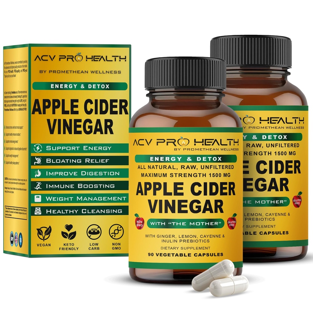 2-Pack ACV Pro Apple Cider Vinegar קפסולות מוסמך אורגני עם אמא ACV גלולות Detox ניקוי Acid Reflux תמיכה תוספי ג'ינג'ר Root Cayenne Pepper אבקת