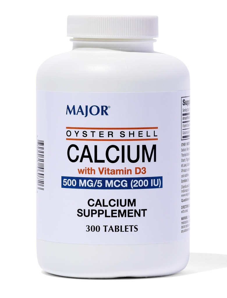 Major Oyster Shell Calcium עם ויטמין D3 500 מ"ג / 5 mcg (200 IU) - תוספת יומית Calcium - 300 טבליות (1 Pack)
