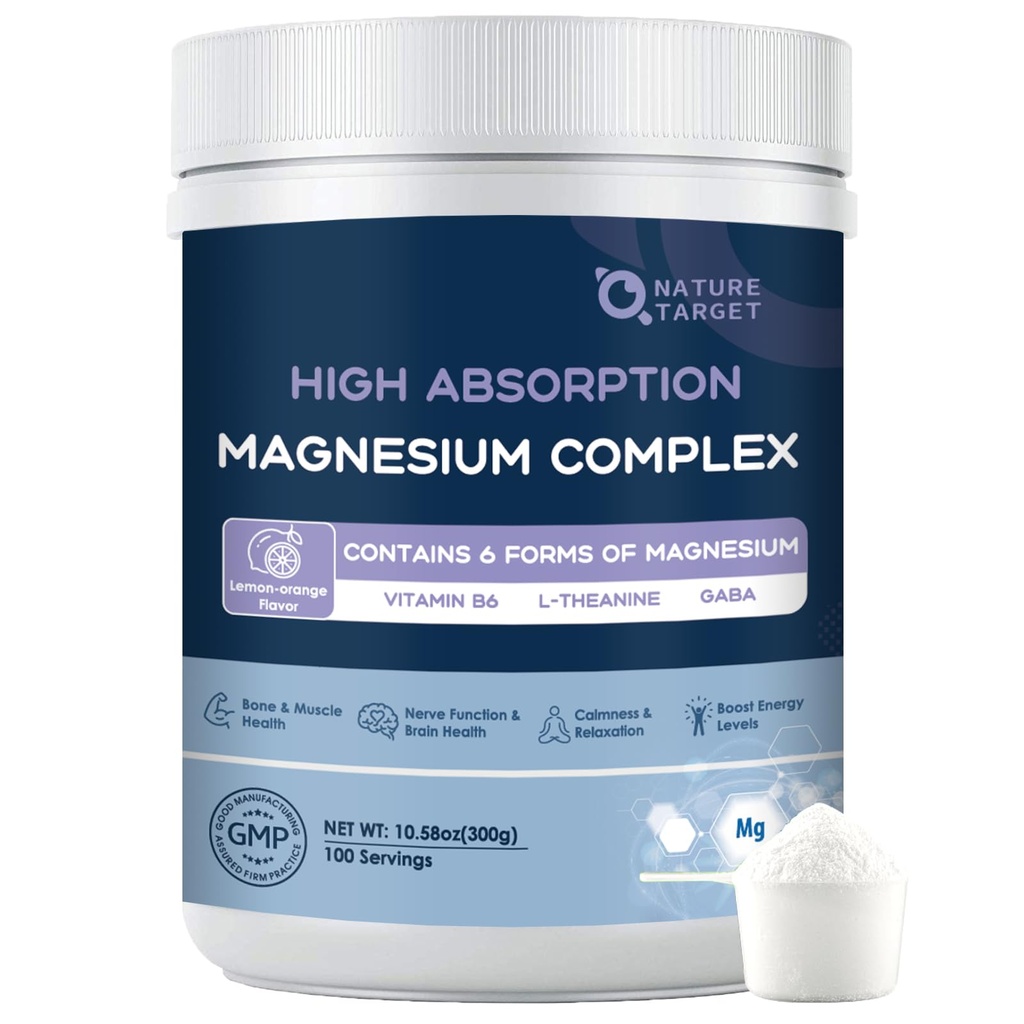 NATURE TARGET Magnesium אבקת תוספת עם Glycinate, Citrate, Malate, Magnesium Complex with L-theanine & B6 עבור שריר, לב ומוח, טבעוני, 10.58 oz (100 משרתים), לימון כתום פלאמור