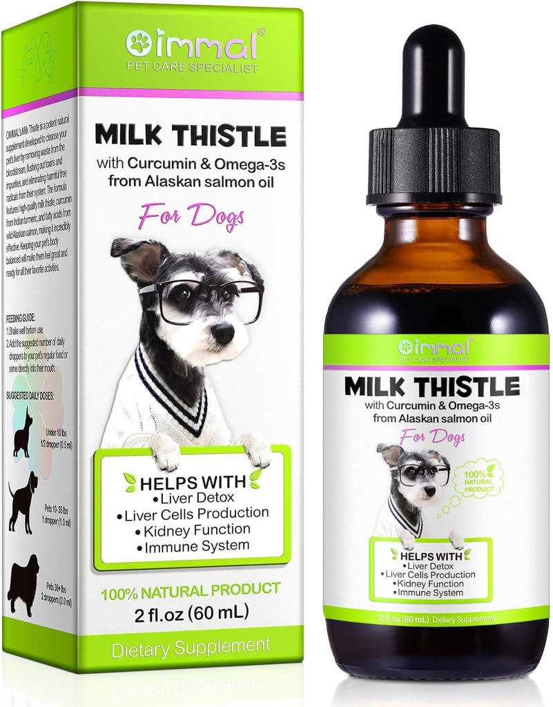 Milk Thistle for Dogs, dog Liver Support Drops - כלב חלב זה עוזר הכלב Liver Detox, Pet תוספת טיפול עם שמן סלמון, Curcumin C3 Complex ואומגה 3 EPA & DHA, בייקון פלאמור - 2 fl.oz