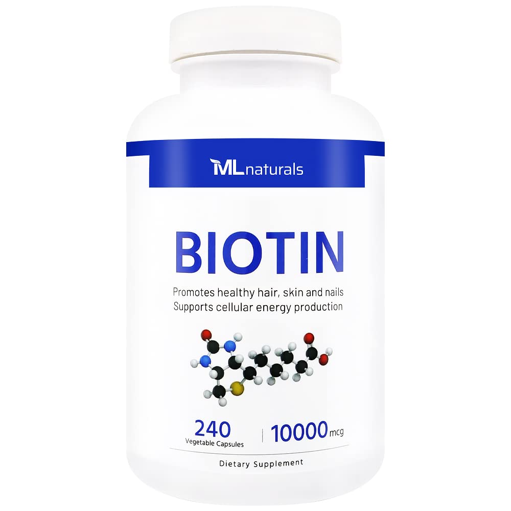 ML Naturals Biotin 10000 mcg 240 קפסולות ירקות. תמיכה שיער בריא, עור, ציפורניים, ייצור אנרגיה, NSF-Certified & cGMP-Compliant
