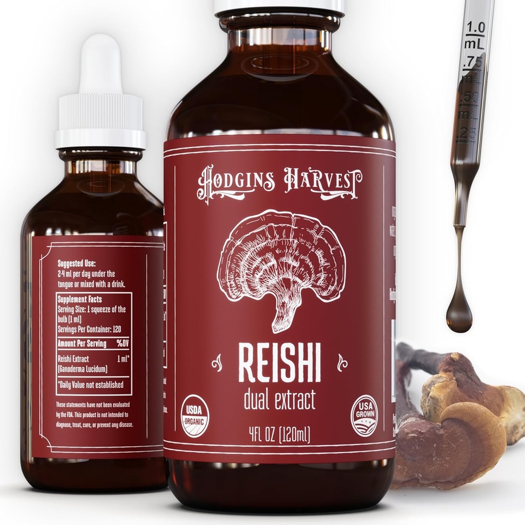 הודג'ינס קציר אורגני Reishi Mushroom לחלץ את הגוף פלט Tincture - תוספת תוספת תוספת תוספת תמצית כפולה תוסף - תמיכה בריאות הלב & בריאות - USDA אורגני Mushrooms - 4 oz