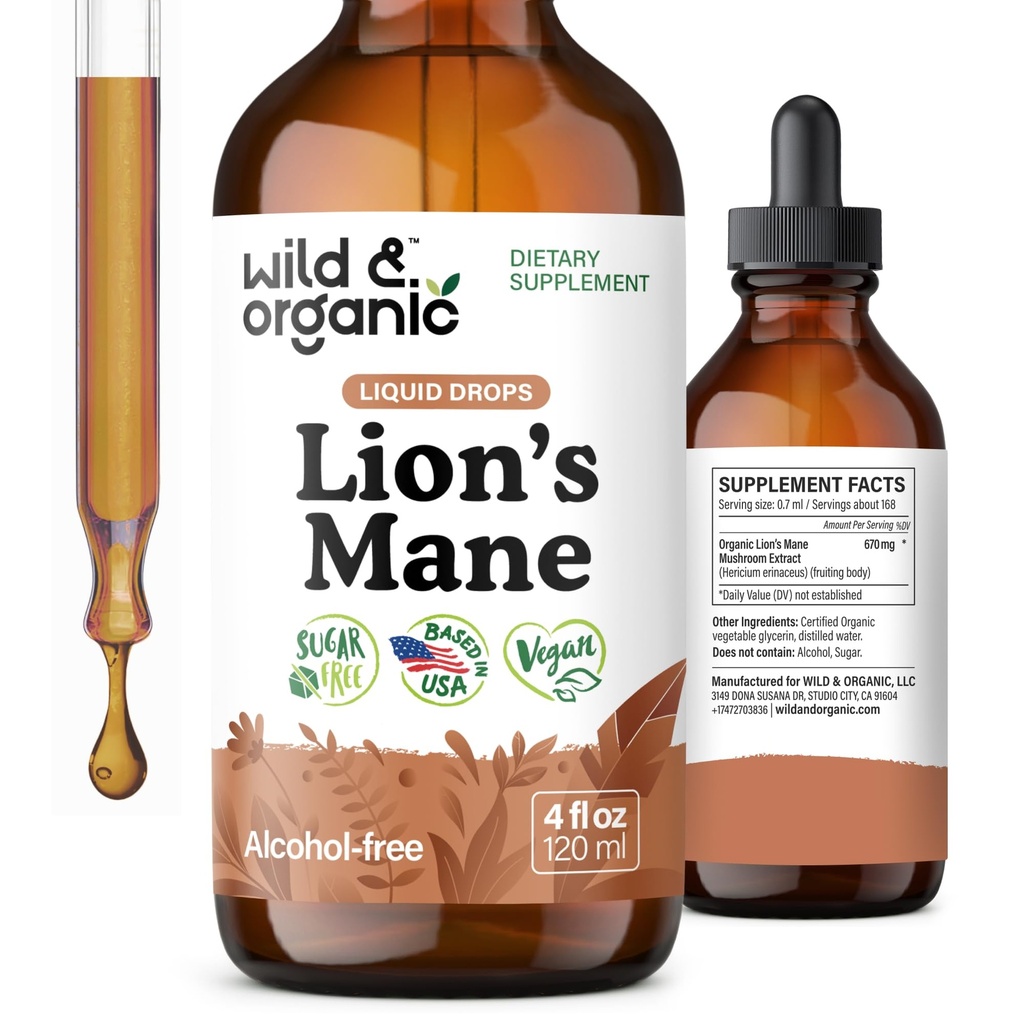 Wild & Organic Lions Mane Liquid Drops - Brain & Focus Support - Lion's Mane Mushroom תוסף - Hericium Erinaceus Mushroom Drops - טבעוני, סוכר & אלכוהול חינם פלט Tincture - 4 oz oz oz