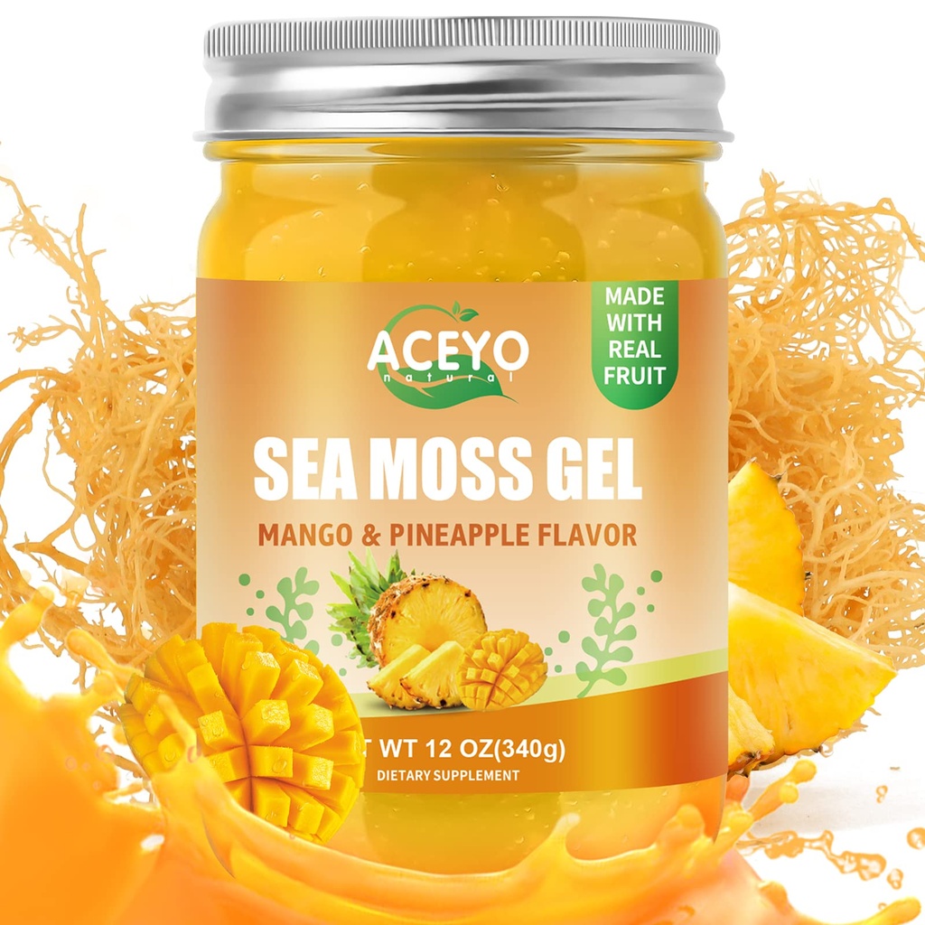 ACEYO (12 OZ) Irish Sea Mosss Gel Vegan מנגו Pineapple Flavor 102 ויטמינים ומינרלים Wild Harvested non-GMO Immune Defense Booster Thyroidive Support