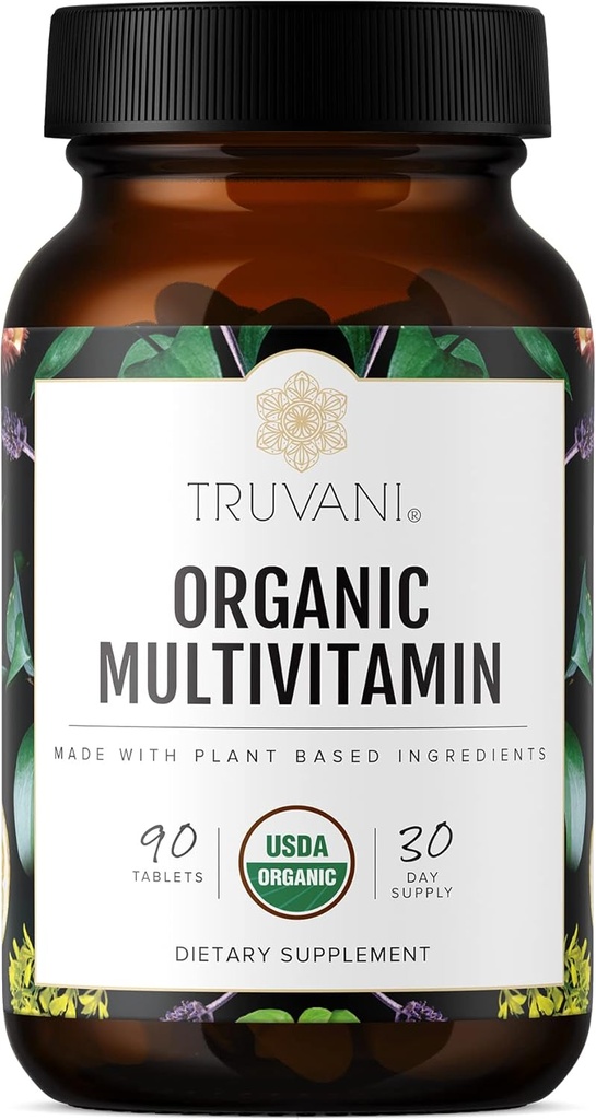 Truvani Daily Organic Multivitamin תוסף - טבעוני, Non GMO Tablet עם Iron & Biotin - חלב, סויה, וגלוטן חינם - 30 יום אספקה (90 טבליות)