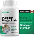Vitasave Iron Bisglycinate - High Absorption Iron Supplement for Energy, Anemia & Immune Support - Gentle on Stomach - טבעוני, non-GMO, Gluten-Free - 120 קפסולות (Made בקנדה)