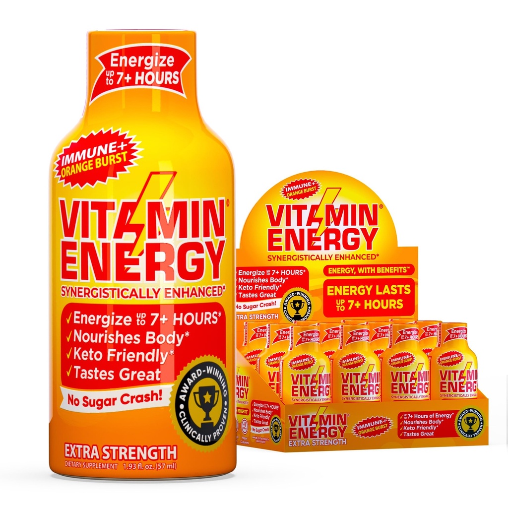 ויטמין אנרגיה Immune+ תוספת אנרגיה נורה כתום Burst 12 Pack, 260 מ"ג טבעי Caffeine, B-Vitamins, Citicoline, תה ירוק, Immunity & Focus תמיכה, Zero Sugar, Gluten-Free1.93 floz