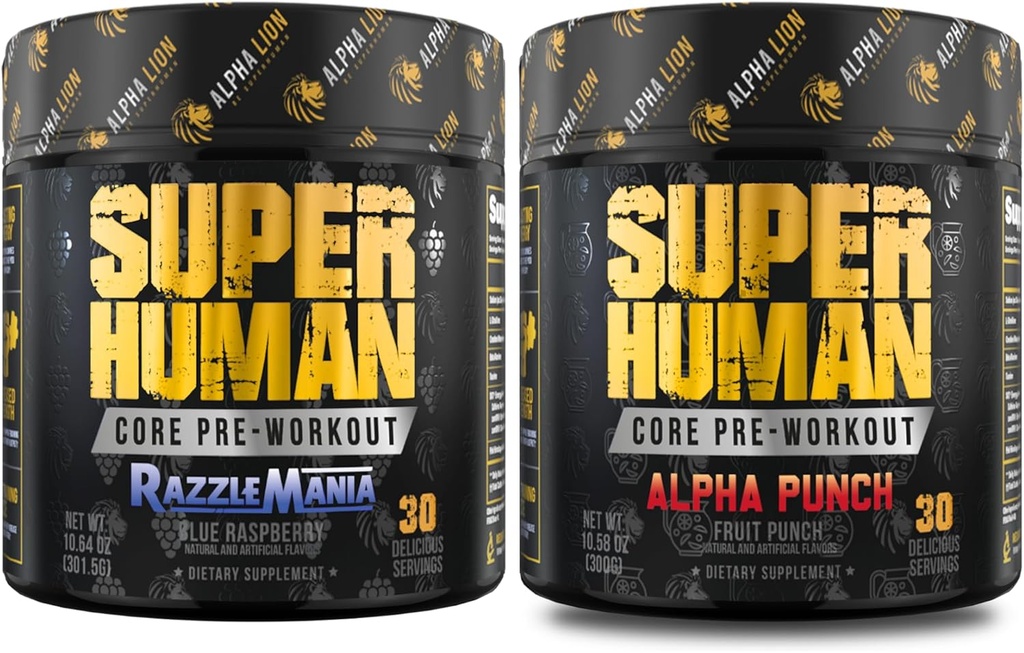 ALPHA LION Core טרום עבודה אבקה Bundle עבור משאבה & Tri-Source Caffeine עבור אנרגיה סוסטה, פירות Punch & Blue Raspberry Flavor (30 משרתים כל אחד)