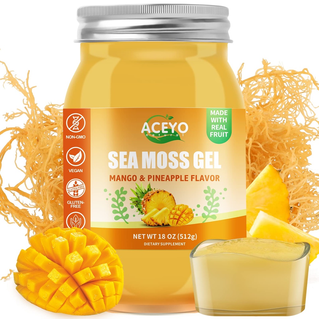 ACEYO (18 OZ) Irish Sea Mosss Gel Vegan מנגו Pineapple Flavor 102 ויטמינים ומינרלים Wild Harvested non-GMO