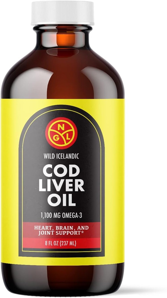 NGL Pure Cod Liver שמן - Wild איסלנד - 1,100 מ"ג אומגה 3 + ויטמין טבעי A & D - Heart and Brain Health, תמיכה משותפת 8 Fl Oz