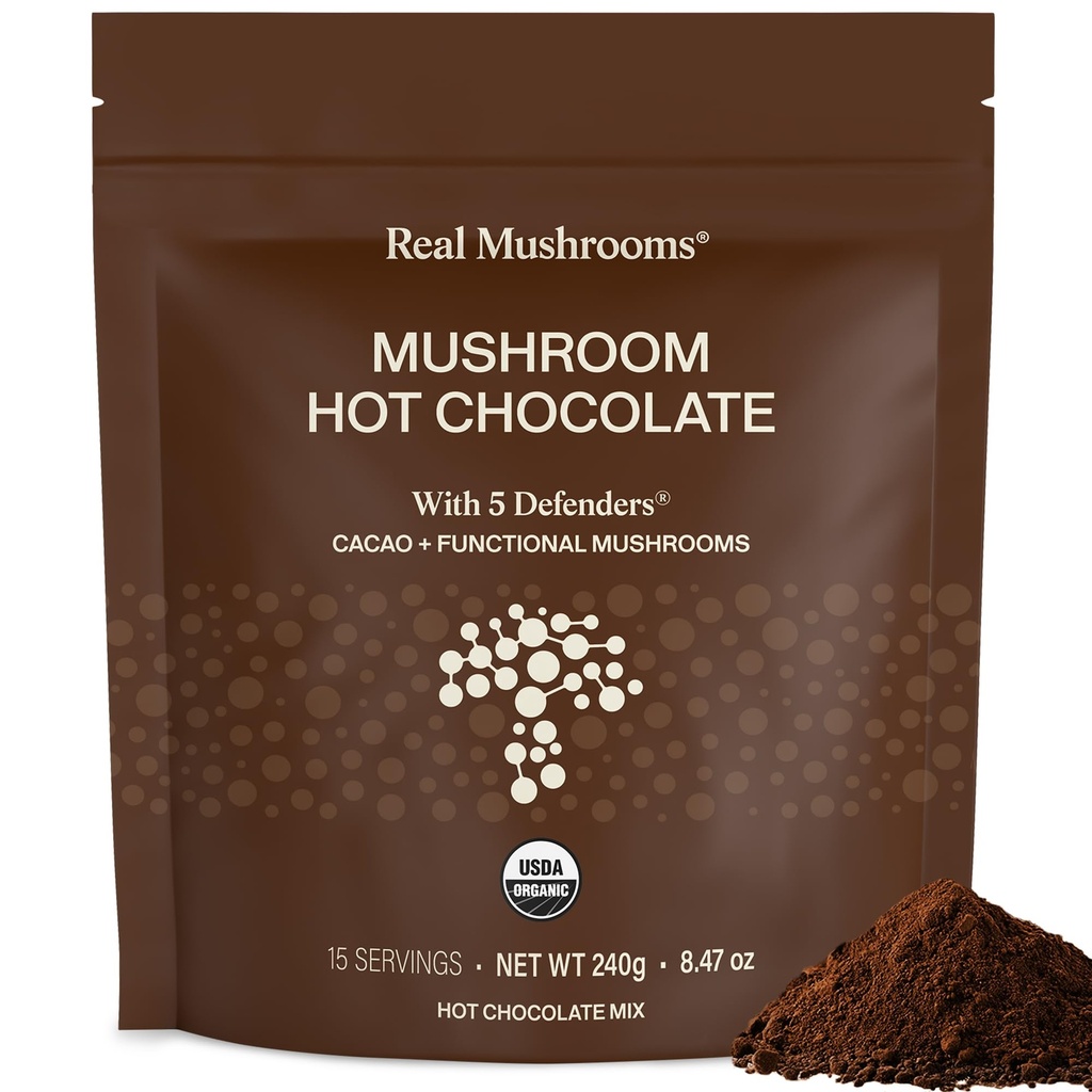 Real Mushrooms Organic Hot Mix with Reishi, טורקיה Tail, Chaga, Shiitake, Maitake - אבקת Cacao אורגני Mushroom - 5 Defenders Mushroom Cacao אבקת, טבעוני, Gluten-Free, 15 משרתים
