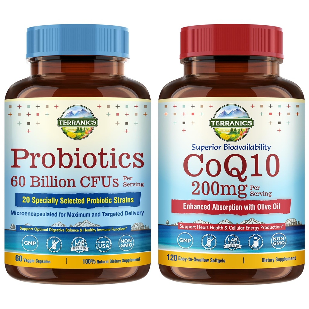 Terranics Probiotics & CoQ10 Bundle, Heart & Digestion Health, 60 מיליארד פרוביוטיקה, Bioactive Coenzyme Q10 200 מ"ג, תוספת שמן זית בתולה, Bundle & Save