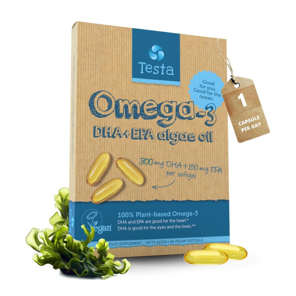Testa אומגה 3 - אומגה 3 המבוססת על אומגה 3 DHA EPA קפסולות מ Algae - אומגה 3 חומצות שומן - תומך הלב, המוח והבריאות המשותפת - פלסטיק שלילי, RTG, ו כשר - חודשיים אספקה