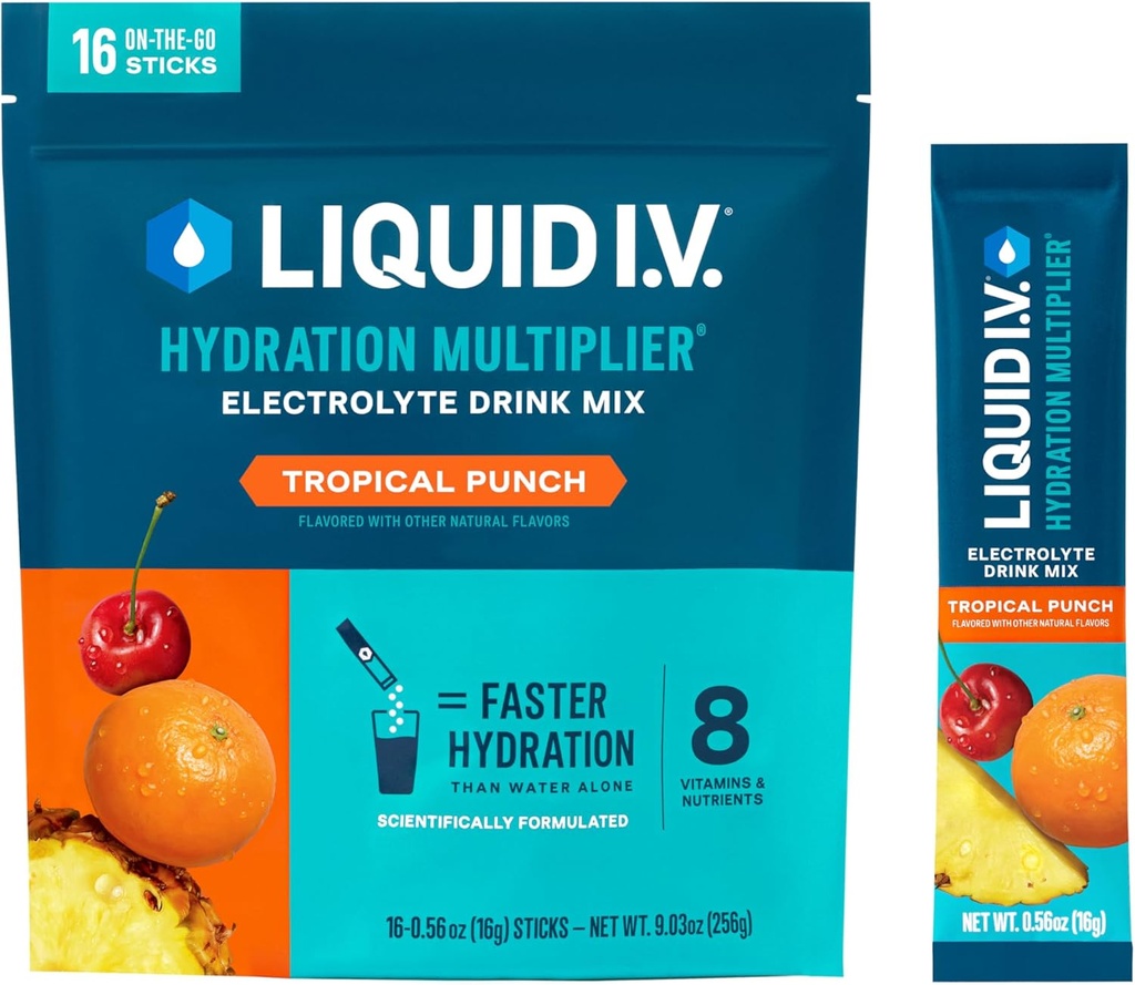 נוזל I.V. hydrotion Multiplier® - Tropical Punch - אבקת הידרה Packets | משקה אבקת אלקטרוליטית לערבב | Convenient Single-משרתת Sticks | Non-GMO | 16 משרתים (Pack of 12)