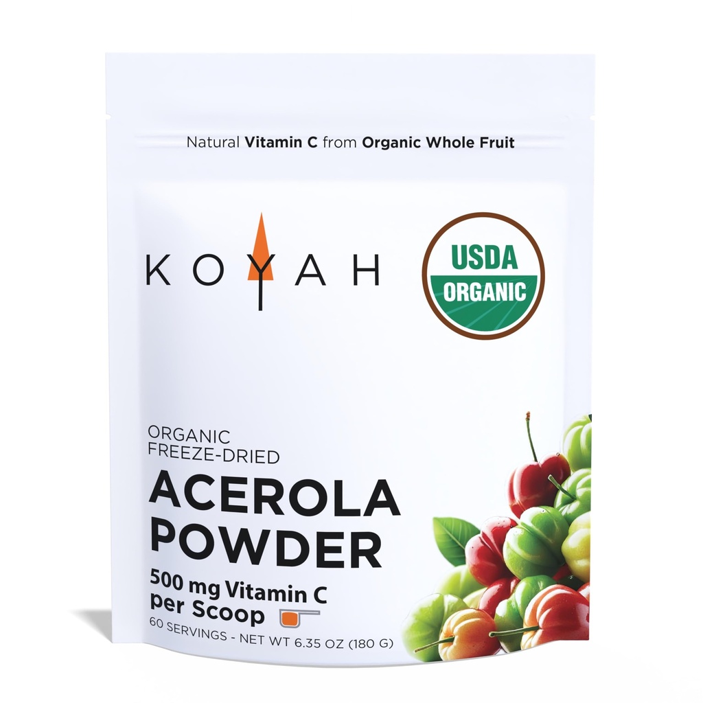 KOYAH - אבקת Acerola אורגני: Freeze-Dried, 100% טהור, 500 מ"ג ויטמין C per Scoop, Whole-Food, Non-GMO, טבעוני, 60 משרתים, עשויים מ-Acerola Cherries גדל בברזיל