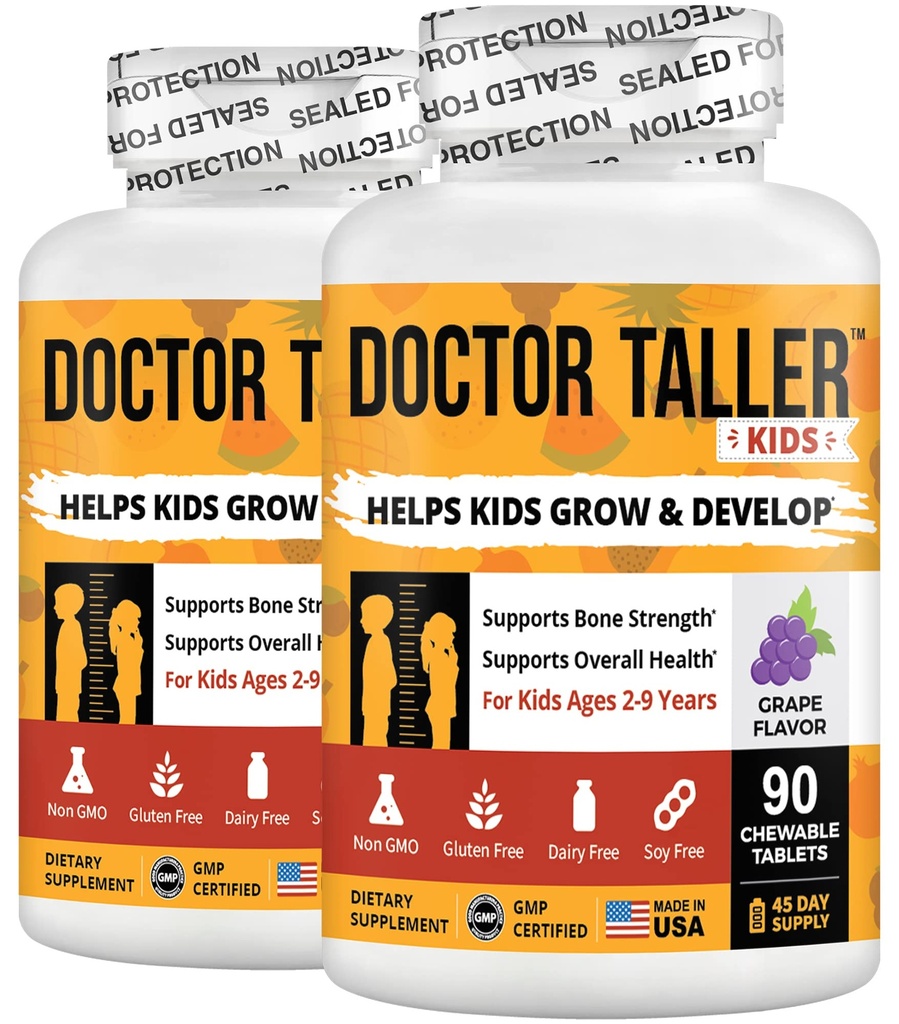 Nu Best Doctor Taller Kids - Kids Multivitamins, טודלר ויטמינים - תמיכה בעצמות העצם, שיפור האמינות עם Calcium, Multivitamins במשך ימים 2 עד 9 - Grape Flavor - 90 טבליות Chewable