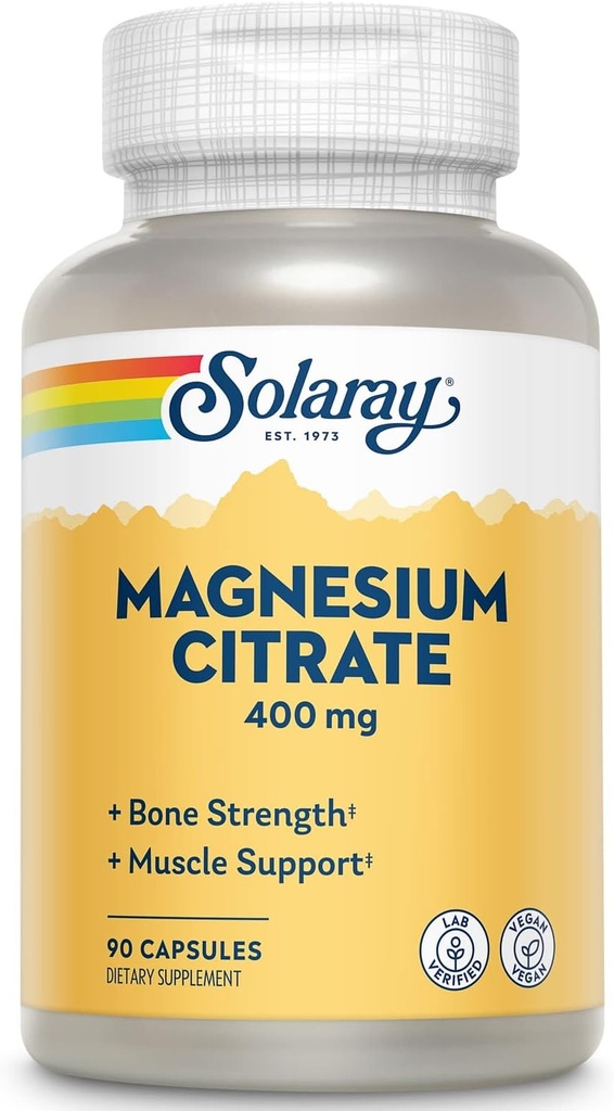 Solaray Magnesium Citrate - Pure Magnesium Citrate קפסולות, תוספת של Calm, Bone Health, cell Energy, Heart & שריר תמיכה, 400 מ"ג פרי - 90 קפסולות טבעוניות (Pack of 2)