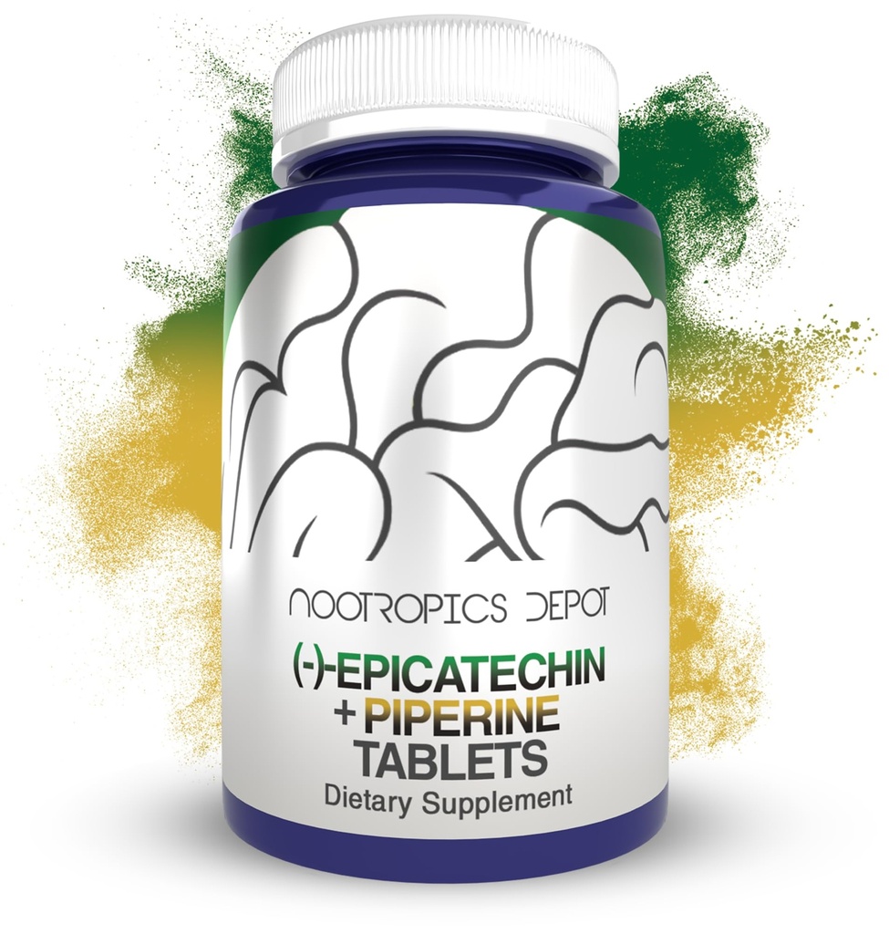 Nootropics Depot Epicatechin Tablets | 200 מ"ג (-)-Epicatechin + 6 מ"ג פיפרין עבור Bioavailability | ייצור תה ירוק | מקדם מסת שריר, בריאות קרדיווסקולרית ואנרגיה | 30 הרוזן