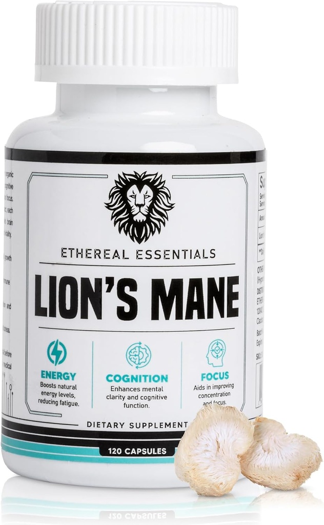 Lions Mane Mushroom Cognition קפסולות (120 Count) - תמצית של אבקת Mushroom Lion's Mane - ויטמין המוח - קוגניציה - מיקוד תוסף תוסף