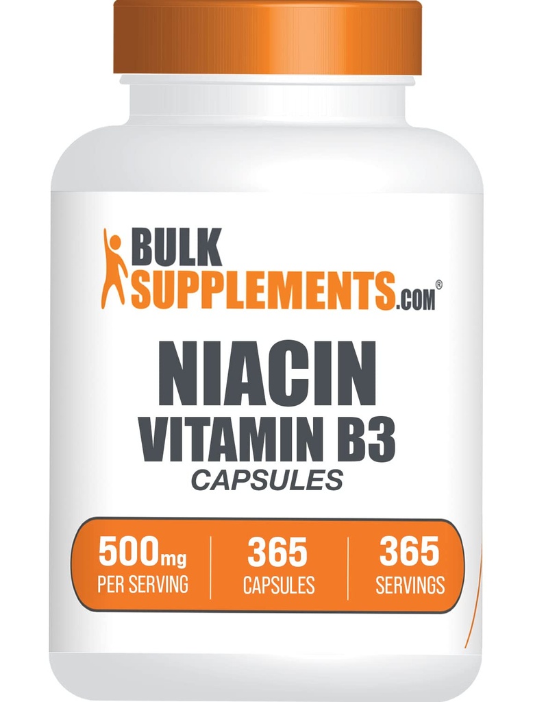 BulkSupplements.com Niacin כמוסות - תוסף Niacin, ויטמין B3 - Gluten Free, 1 קפסולה לשרת, 365 קפסולות (Pack of 1)