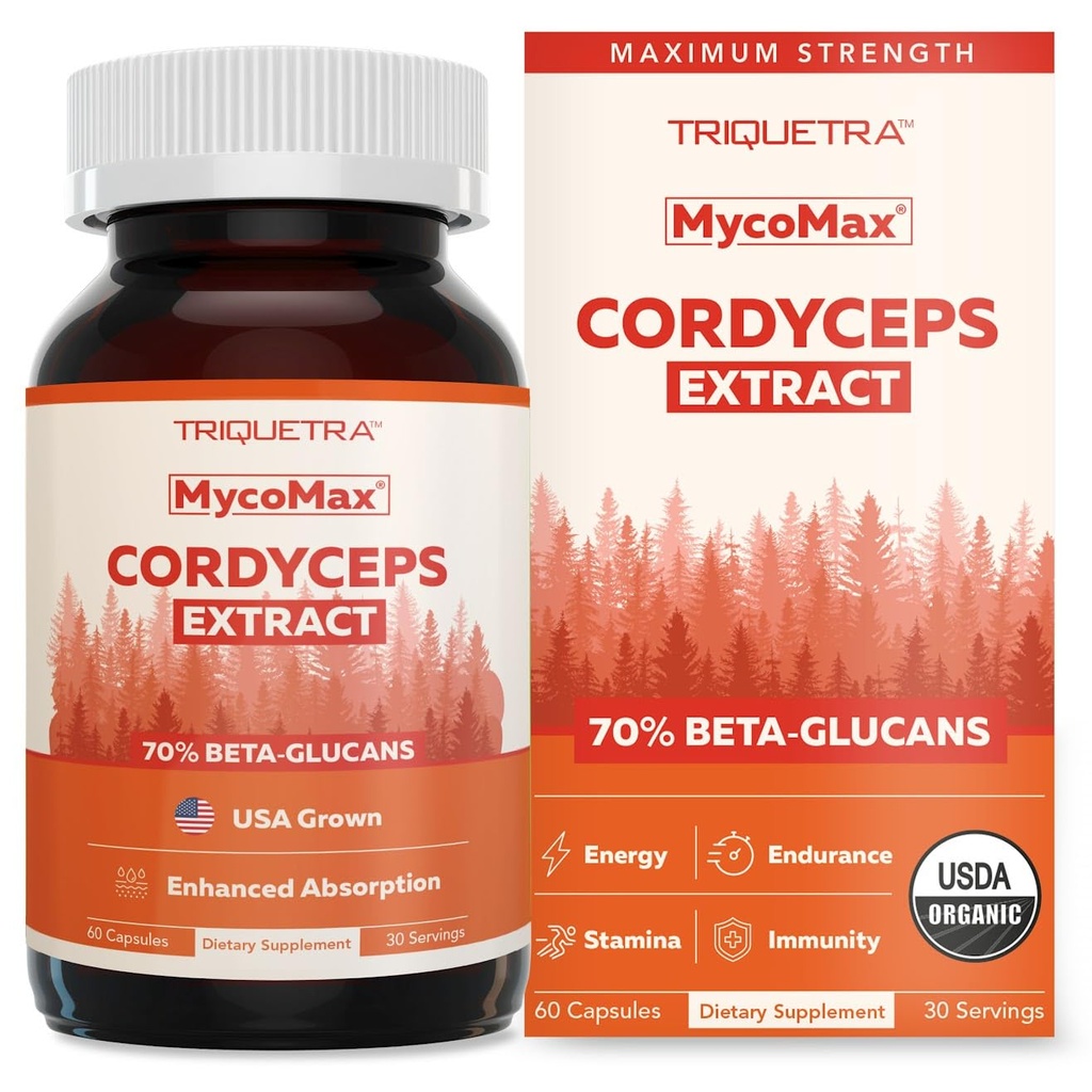 אורגני Cordyceps Mushroom לחלץ - 70% Betacans - רמות מזון יעילות גבוהות ביותר, מקס פוטנס קורדיפס קפסולות, US Grown + אולטרה סגולה - ביצועים, חסינות ואנרגיה - 60 קפסולות