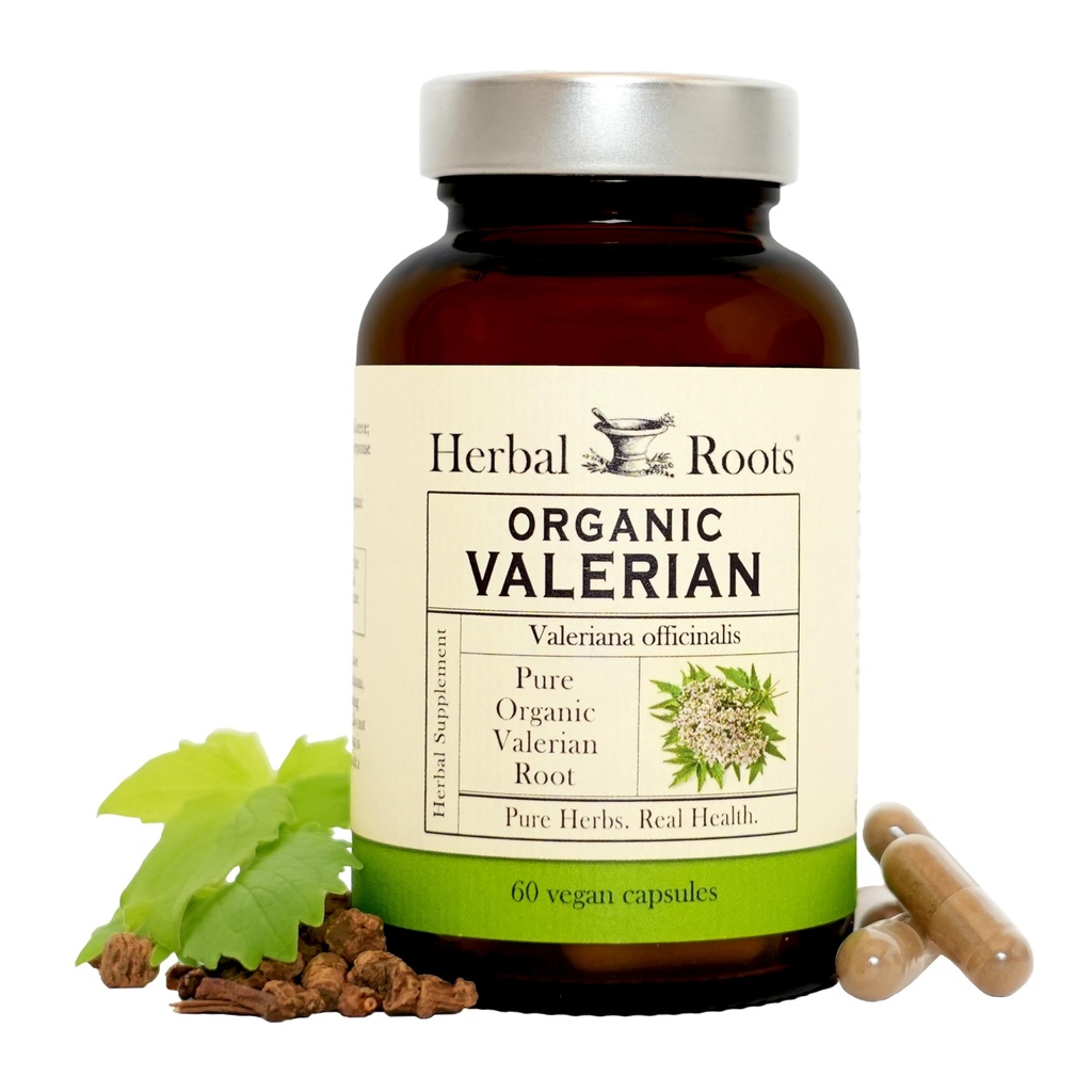 Herbal Roots Pure אורגני ולריאן שורש קפסולות - 900 מ"ג - Non-Habit טפסים ללא מלטונין, non-GMO - 60 Count Vegan קפסולות, תוסף צמחי